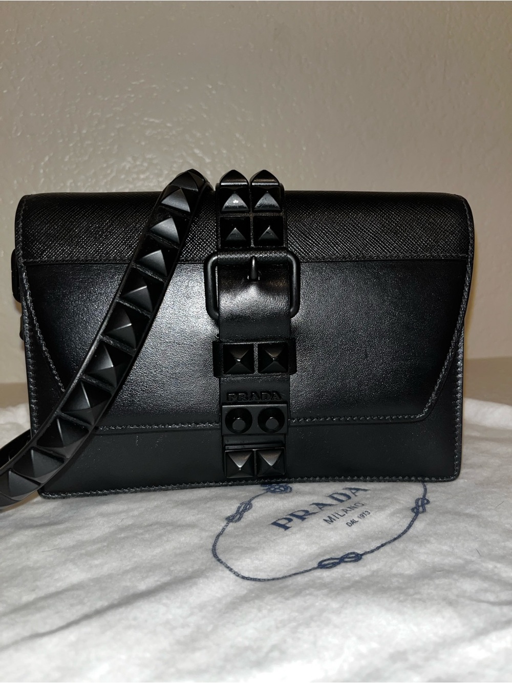 Prada Elektra Black Stud Leather Crossbody Bag